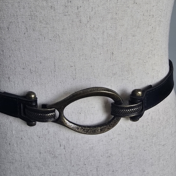 Equestrian Waist Belt Black Brass Hook Buckle Adjustable Vegan Womens Size 12 - Picture 2 of 10